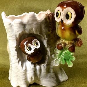 VINTAGE CERAMIC OWL VASE—Owls & Acorns on Birch Tree Branch—CHARMING & UNIQUE🦉